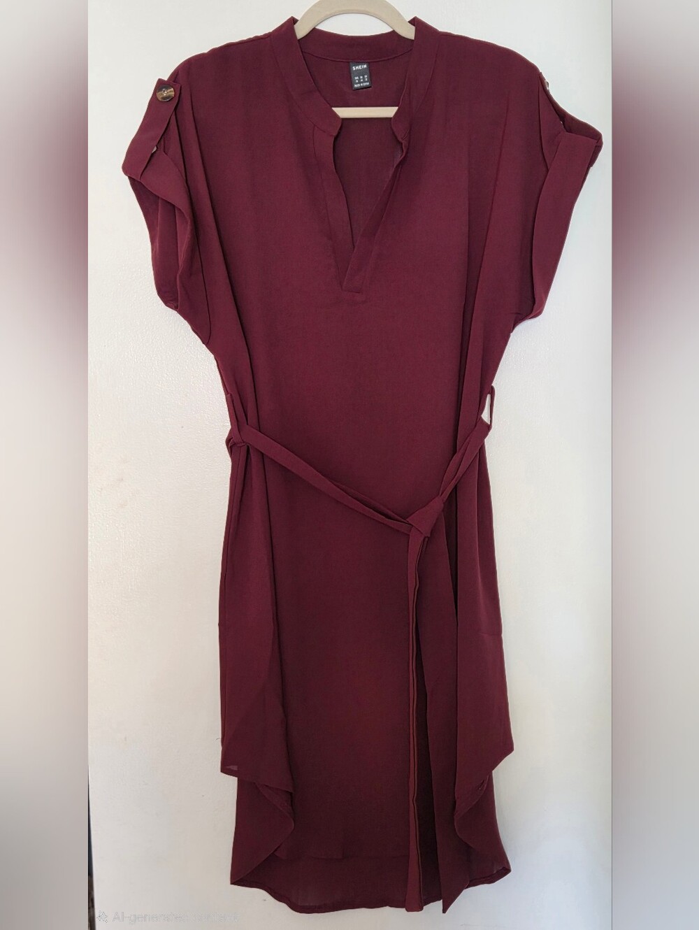SHEIN Burgundy V-Neck Belted Dress